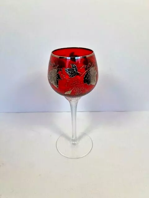 Vintage Ruby Red Glass Stemmed Wine Glass Sterling Silver Overlay Grape & Leaf