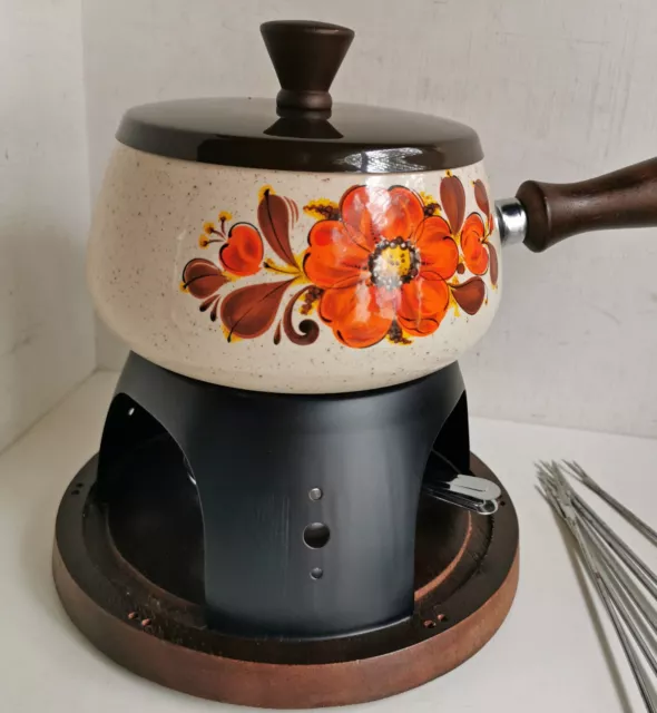 Retro Floral Orange, Cream & Brown Fondue Set, Porcelain Enameled Japan (d833)