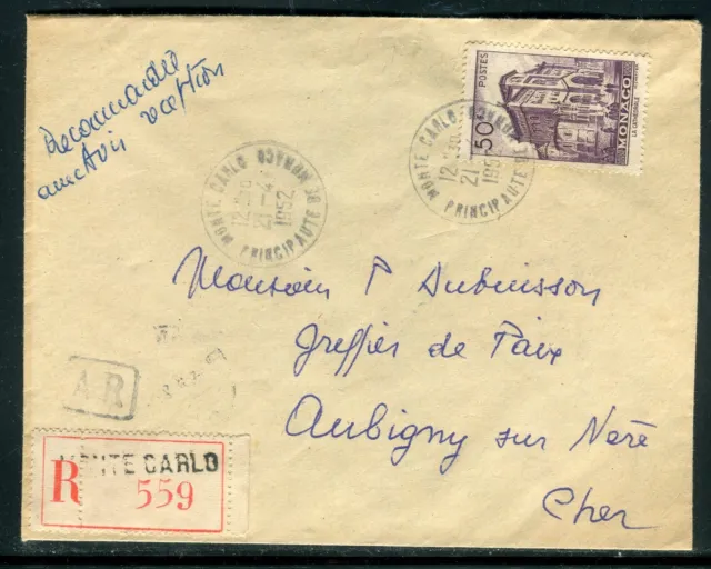 Monaco - Enveloppe en recommandé AR pour la France en 1952 - J88