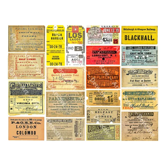 Railroad Ticket Stubs & Passes, Steamboat Tickets, 2 Reproduction Sticker Sheets