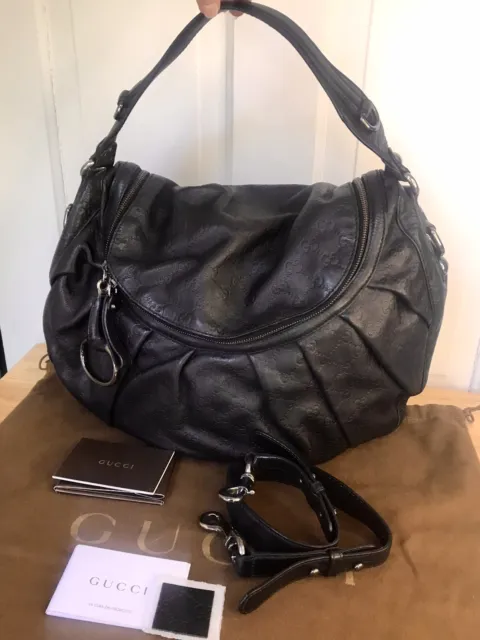 Gucci Black Leather GG Guccissima Handbag Medium 2 Way Horse Bit Shoulder Tote