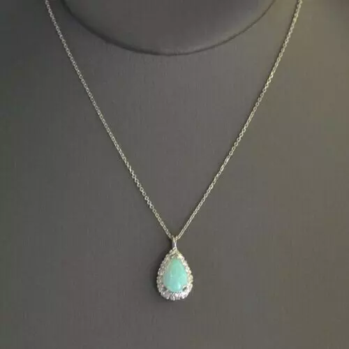 3CT PEAR CUT Opal & Diamond Teardrop Pendant Necklace 14K White Gold ...