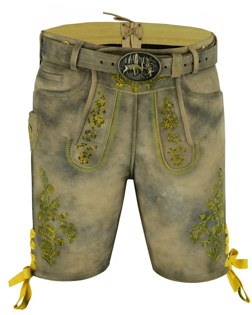 Lederhose Herren Kurz Trachtenlederhose antik braun Ziegenleder mit Gürtel 46-58