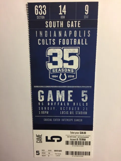 Indianapolis Colts Vs Buffalo Bills October21, 2018 Ticket Stub
