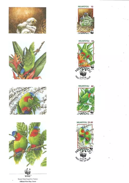 Niuafo'ou 1998 Blue Crowned Lory WWF set on 4 first day covers