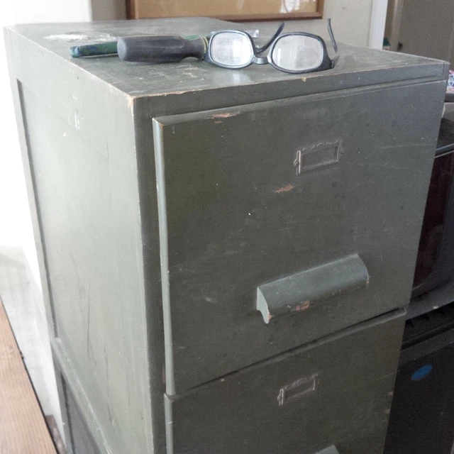 Vintage Military Army Green Wood 4 Drawer File Cabinet Hard to Find 52" Height