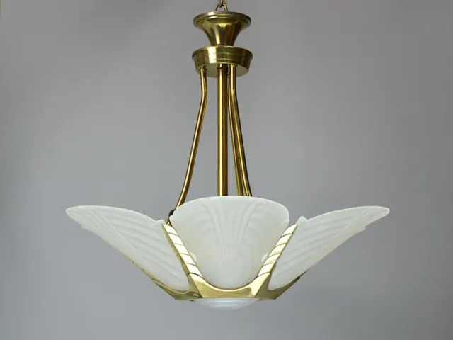 French Art Deco Slip Shade Brass Chandelier, Frosted Glass Statement Lighting