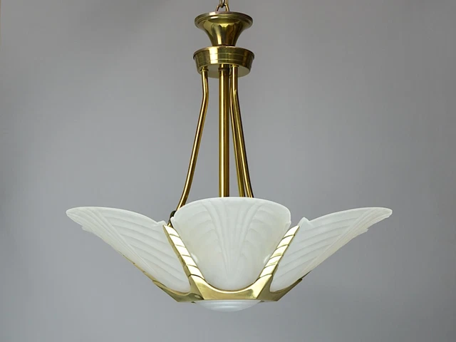 French Art Deco Slip Shade Brass Chandelier, Frosted Glass Statement Lighting