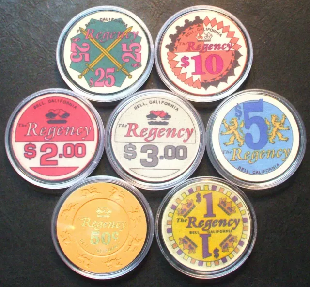 (1) Regency Casino Chip Sample Set - Bell, California - 1981 - 7 Chip Set