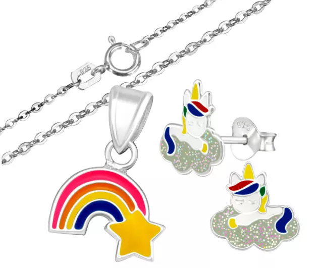 925 ECHT SILBER 🦄 Kinder Ohrringe Anhänger Kette oder Set Einhorn Regenbogen