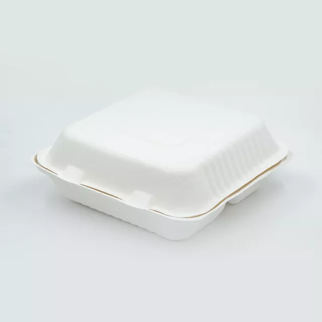 Take away Containers 9 x 9 x 3" Sugarcane Clamshell 3-compartment Compostable