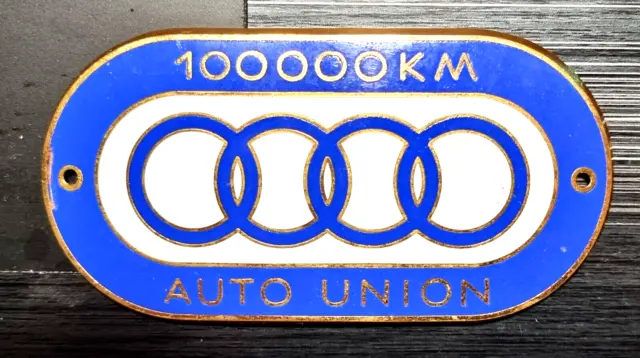 Auto Union Plakette  100000 Kilometer weiß emailliert ALT+ORIGINAL Maße 105x53mm