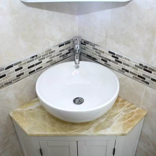 White Painted Bathroom Vanity Unit Corner Wash Stand Onyx Top & Ceramic Basin