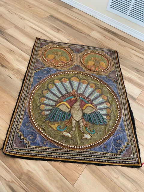 Vintage Tapestry Thai/Burmese Beaded & Applique Peacock Kalaga 32 x 24