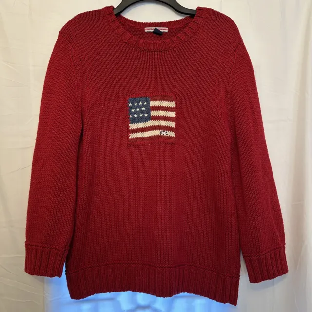 Vintage 90s Ralph Lauren Polo Jeans Co Flag Sweater Size XL Red Cableknit