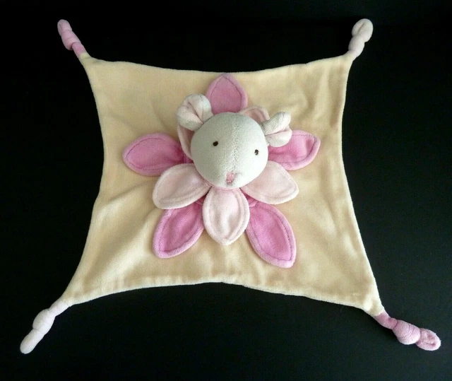 U6 - Doudou Plat Carre Aloha Souris Rose Orange Gris Col Petale Tbe