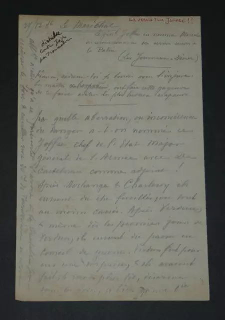 Troumelin - Manuscrit Autographe - Critique De Joffre - Guerre 14/18