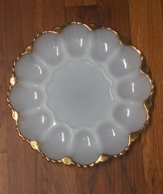 Vintage Anchor Hocking White MILK GLASS Deviled Egg Plate Platter w/GOLD TRIM