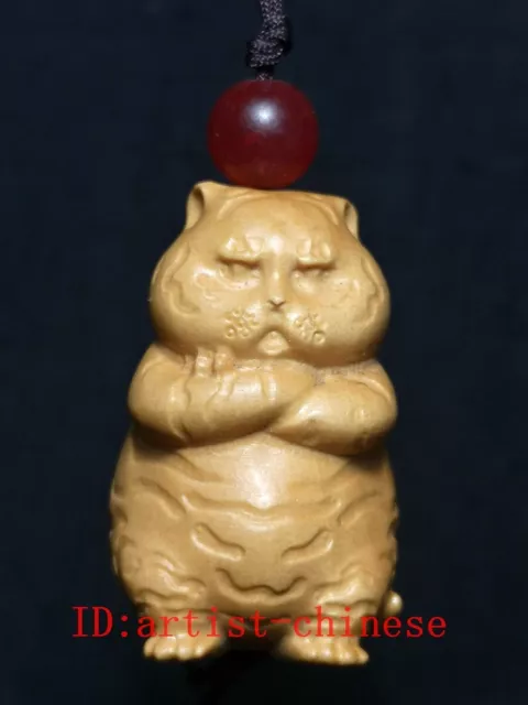 Chinese Boxwood Hand carved Wealth Tiger Figure Statue Netsuke Gift Collection