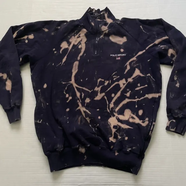 Vtg Polo Sport Ralph Lauren Sweater Mens M Navy Blue 1/4 Zip Pockets Flag Bleach