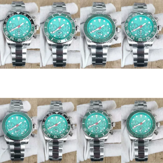40mm Men's Quartz Stainless Steel Watch Cyan Dial Chronograph with VK63 Movement