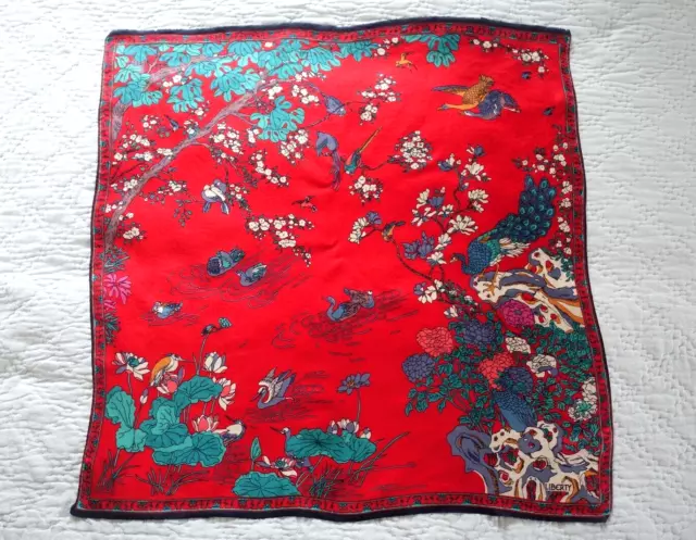 Liberty of London scarf 26" square  pure silk birds and blossom red multi