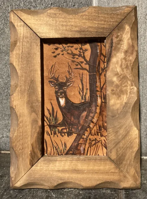 Vintage Artist Signed Hand Painted Deer Buck On Leather Hide Carved Wood Frame