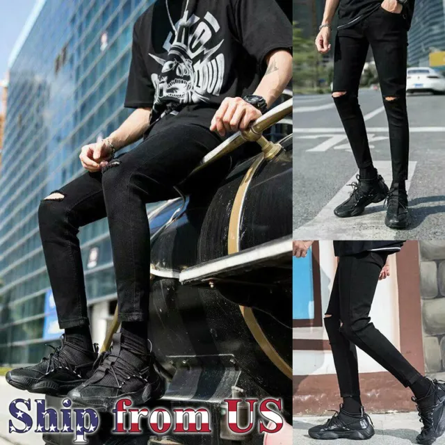 Man's Casual Slim Fit Denim Ripped Jeans Pants Skinny Distressed Trousers