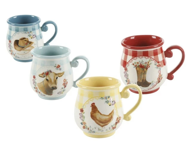 **The Pioneer Woman Novelty Gingham 16-oz Mugs, Set of 4,Brand New Free Delivery
