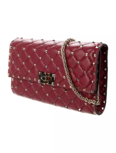 VALENTINO Garavani Quilted Rockstud Red Leather Spike Wallet with Chain 3