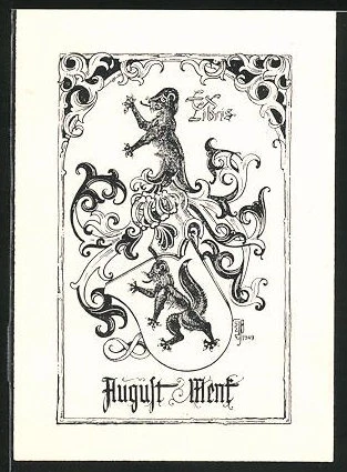 Exlibris von Ernst Peter Bleuler für August Menk, Wappen mit Eichhörnchen und R
