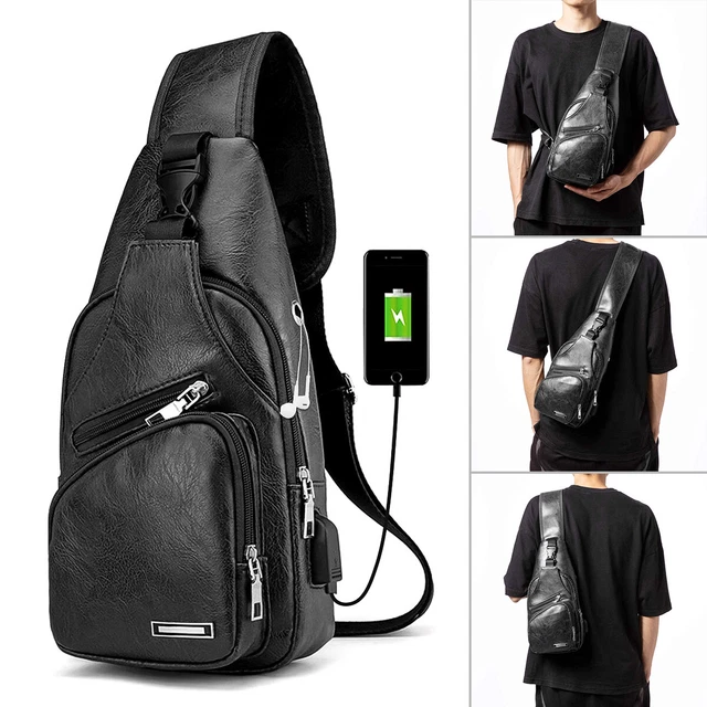 Mens Sling Backpack PU Leather Cross Body Chest Bag Fanny Packs USB Charging NEW
