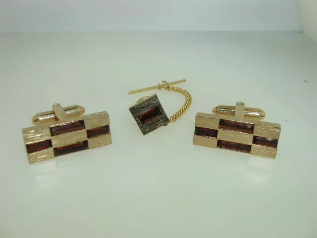 Vintage 1960-70'S Era Topaz Rhinestone Gold Tone Cuff Links Tie Tac Set!