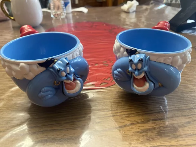2 Vintage Aladdin Genie Plastic Mug Cup Ringling Bros Walt Disney