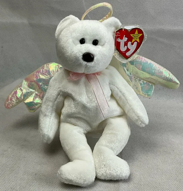 Vintage TY Beanie Baby Halo Bear White Christmas Angel + Tags 1998 With Errors