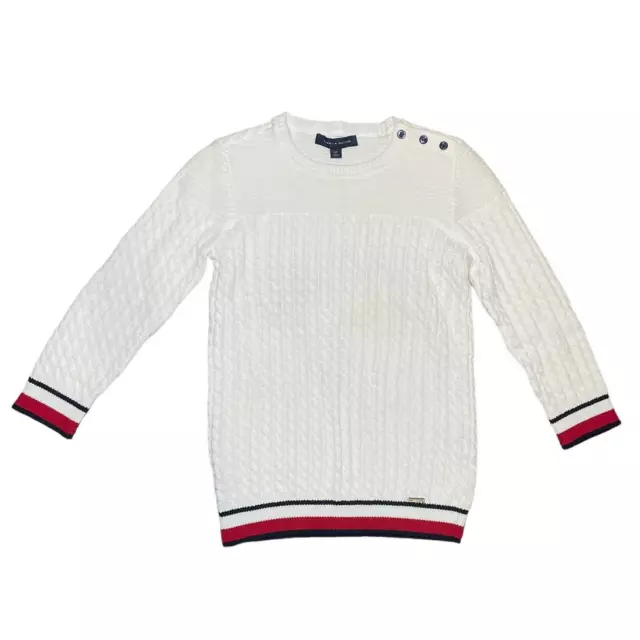 Tommy Hilfiger Sweater Womens Small White Cable Knit Pullover 90s Preppy Belly