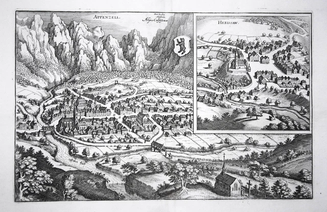 Appenzell Herisau Svizzera Vista Incisione Merian 1642