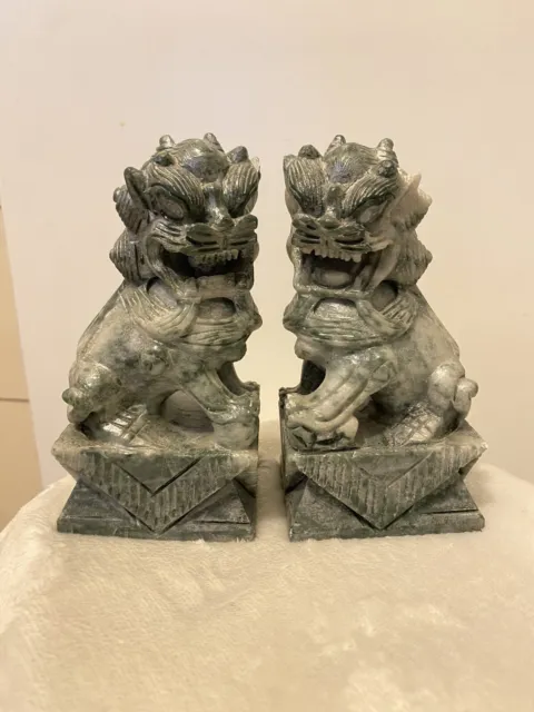Pair Of Chinese Green Carved Foo Dogs Jade Colour Sculptures