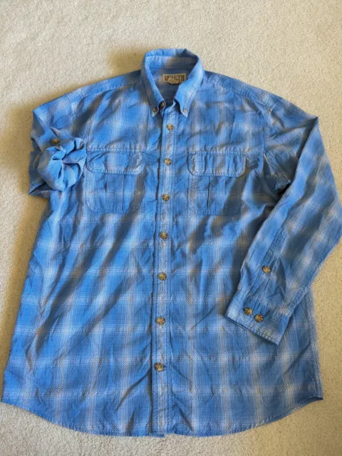 Duluth Shirt Mens Large Tall Blue Plaid Nylon Long Sleeve Button Roll Up Sleeves
