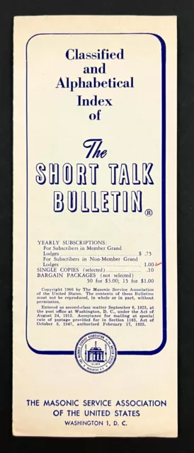 1960 Masonic Service Classified Index Short Talk Bulletin Vintage Mason Brochure