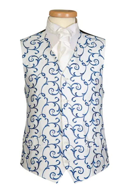 Ivory Vintage Blue Scroll Waistcoat Vest Wedding Formal UK Men's (A75)