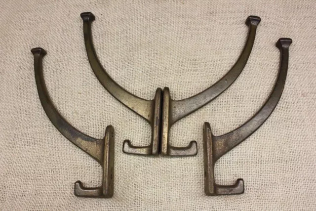 4 Old Coat Hooks Bath Robe Mission Clothes Tree Vintage Rustic Tarnished Brass