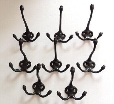 Antique Lot Of 8 Cast Iron Three Prong Wall Coat Hooks Acorn Tips Vintage Black