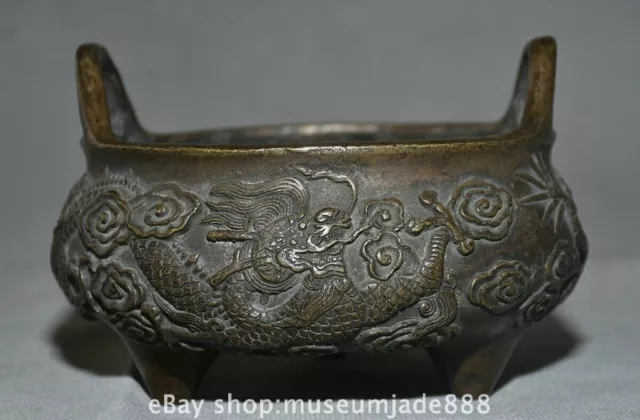 5.6 " Marked Old Chinese Copper Dynasty Fengshui Dragon incense burner Censer