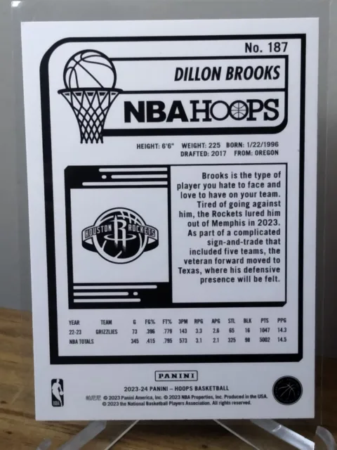 DILLON BROOKS 2023-24 Panini NBA HOOPS violet parallèle #187 Houston ...