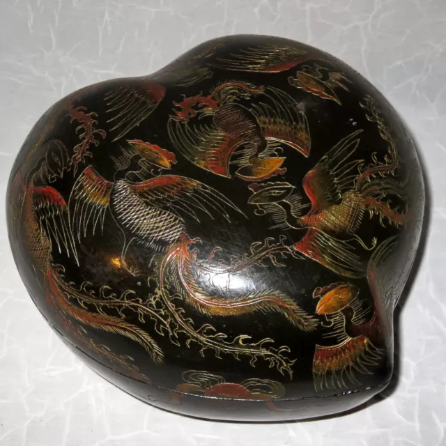 Large Japanese Lacquer Ware Heart Shape Box with Cranes