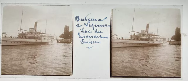 BATEAU VAPEUR LAC SUISSE 1907 PLAQUE STEREO VERRE 45x107 VUE STEREOSCOPIQUE