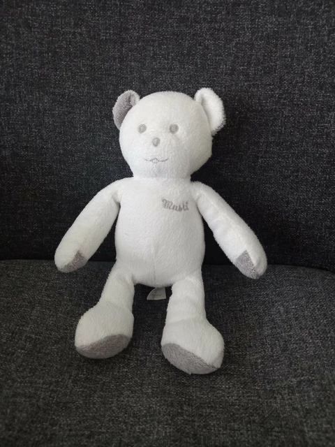 B6-Doudou peluche ours blanc gris Musti Mustela 20 cm