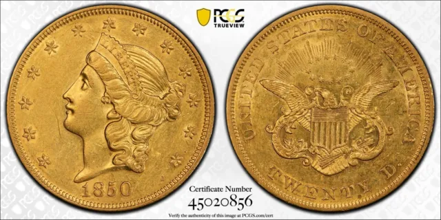 1850 AU50 PCGS Liberty Double Eagle $20 Gold Coin PQ+++