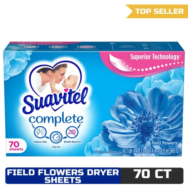 SUAVITEL COMPLETE FABRIC Softener Dryer Sheets, Field Flowers, 70